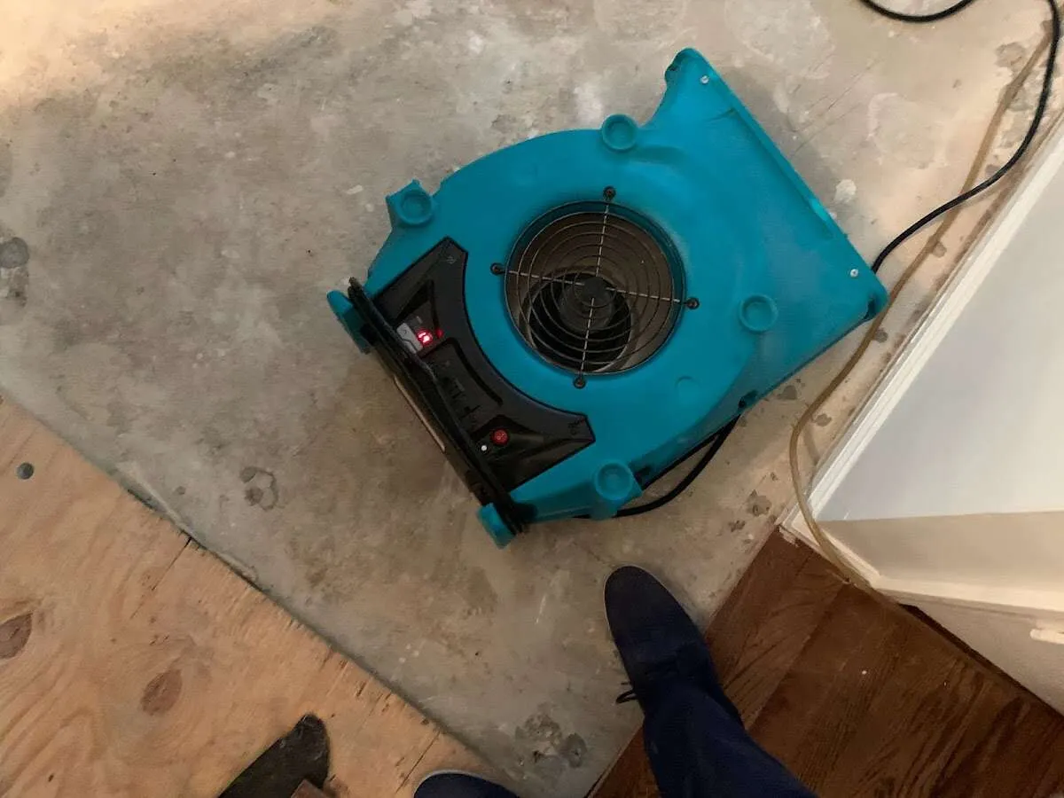 Air mover drying subfloor during Commercial Water Damage Restoration in Tonawanda